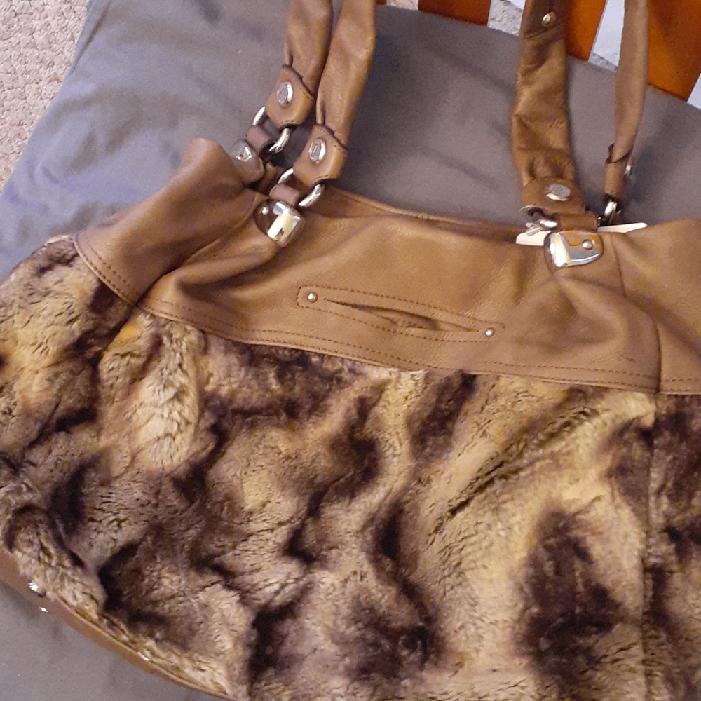 B makowsky Faux fur with  leather trim Nora tote